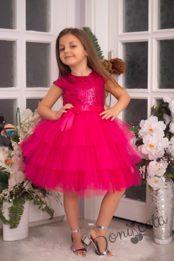 Детска официална рокля Хава в цвят циклама от пайети и тюл на пластове 1