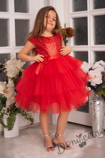 Детска официална рокля Хава в цвят червено от пайети и тюл на пластове 1
