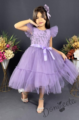 Детска официална рокля  в светлолилаво  с дантела Рене 1