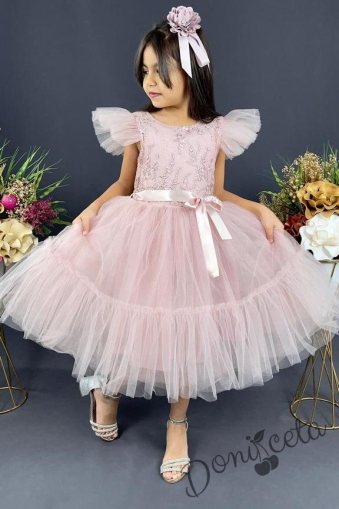 Детска официална рокля  в пепел от рози с дантела Рене 1