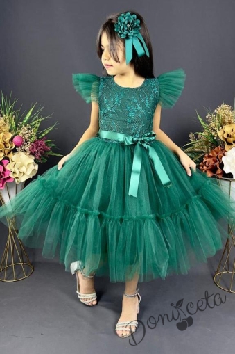 Детска официална рокля  втъмнозелено с дантела Рене 1