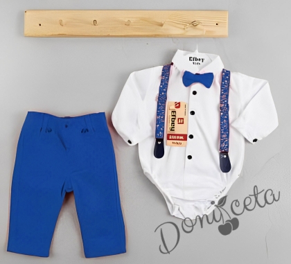 Бебешки комплект от панталон в светлосиньо, боди-риза в бяло, тиранти и папийонка 758887667 1