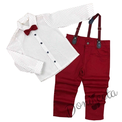 Комплект от риза в бяло с орнаменти.панталон, тиранти и папийонка в бордо 1