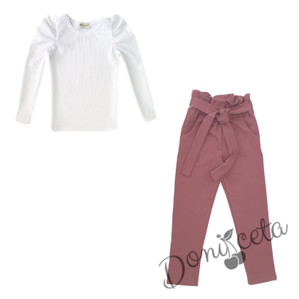 Детски комплект от блуза в бяло и  панталони в пепел о рози 1