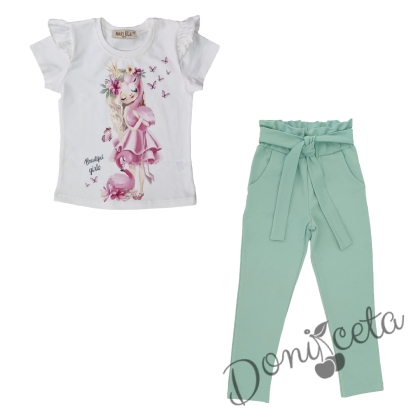 Детски комплект от тениска с фламинго в бяло и  панталони в тюркоаз 1