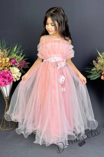 Официална детска дълга рокля в прасковено с тюл без ръкав Анджелина 1