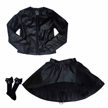 Комплект от кожена изрязана  пола, кожено яке и чорапи в черно за момиче 1