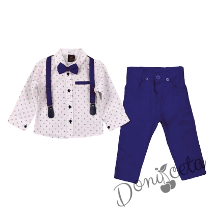 Комплект от риза в бяло.панталон, тиранти с орнаменти и папийонка в синьо 86286768 1