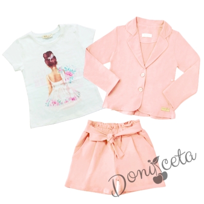 Детски комплект от сако, къси панталони в розово и тениска в екрю 1