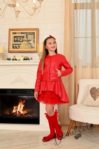 Комплект Дивна от кожена пола и кожено яке в червено за момиче