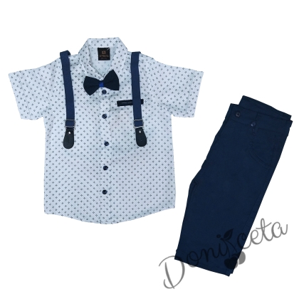 Комплект от риза в бяло с орнаменти, тиранти, папийонка и дълги панталони в тъмно синьо 1