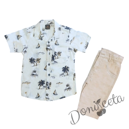 Детски комплект от панталон в бежово, риза в бяло на палми, папийонка и тиранти 1
