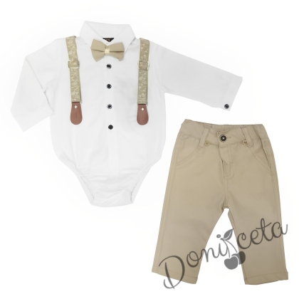 Бебешки комплект от панталон в бежово, боди-риза в бяло, тиранти и папийонка 75888687 1