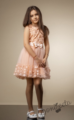 Официална детска рокля на цветя в прасковено с пола от тюл, без ръкав и коланче с панделка 79653211 1