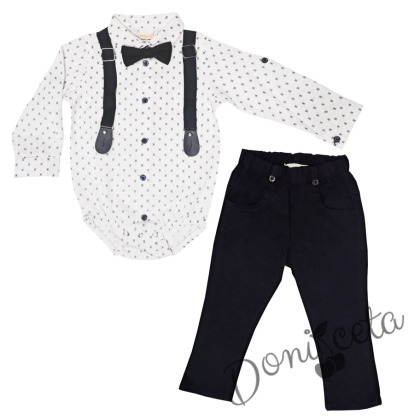 Бебешки комплект от панталон в тъмно синьо, боди-риза в бяло с орнаменти, тиранти и папийонка  58751464 1
