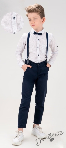 Комплект от панталон в тъмно синьо, изтънчена риза в бяло с орнаменти, тиранти и папийонка  44565631 1