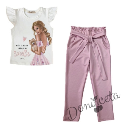 Детски комплект от тениска с момиче в бяло и  панталони в розово 1
