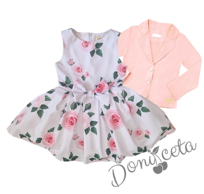 Официална детска рокля без ръкав с рози Маги и сако в бледо розово 1