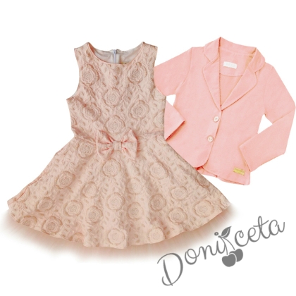 Официална детска рокля без ръкав в прасковено на цветя с дантела и тюл в комплект със сако в прасковено 684846351 1