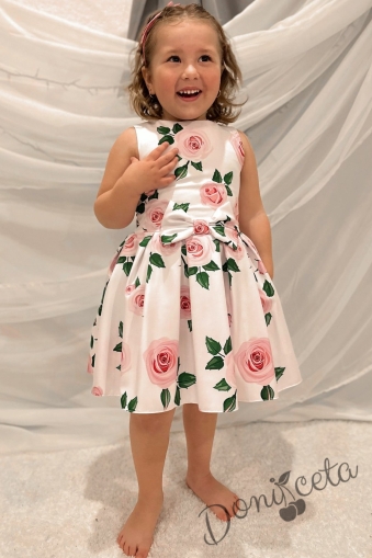 Официална детска рокля Маги без ръкав с рози в екрю 1