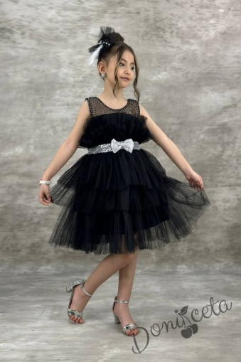 Официална детска рокля без ръкав Фрея - с богат тюл в черно и панделка за коса 1