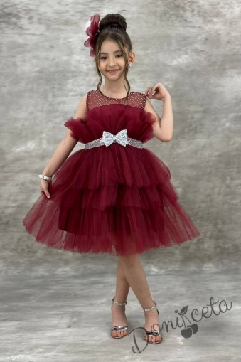 Официална детска рокля без ръкав Фрея - с богат тюл в бордо и панделка за коса 1