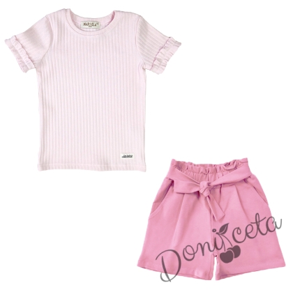 Комплект от блуза с къс ръкав и панталони в розово 1