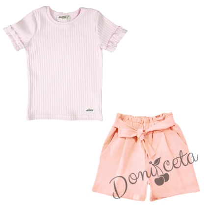 Комплект от блуза с къс ръкав в розово и панталони в бледо розово 1
