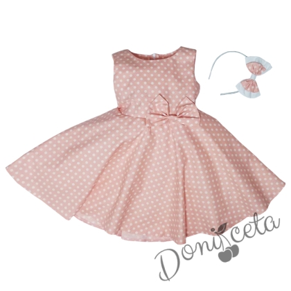 Официална или ежедневна детска/бебешка рокля в светло розово на бели точки тип клош Саша, с светло розова диадема на бели точки 1