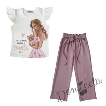 Детски комплект от тениска с момиче в бяло и  дълги панталони в пепел от рози 45366774 1