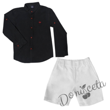 Комплект от риза с къс или дълъг ръкав в черно и къси панталонки в бяло от лен 5289898