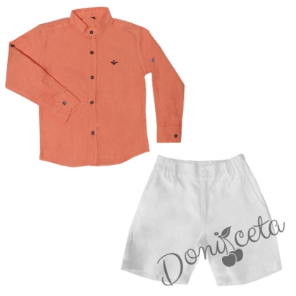 Комплект от риза с къс или дълъг ръкав в оранжево и къси панталонки в бяло от лен 5285656 1