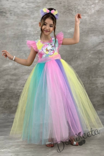 Детска дълга рокля с Пони/Еднорог с пайети и многоцветен тюл и панделка за коса 6640958 1