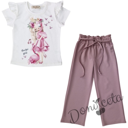 Детски комплект от тениска с фламинго в бяло и  панталони в пепел от рози с тънко коланче 68945214 1