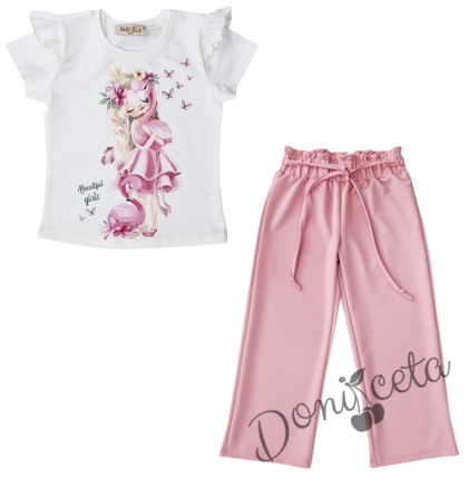 Детски комплект от тениска с фламинго в бяло и  панталони в розово с тънко коланче 68945879 1