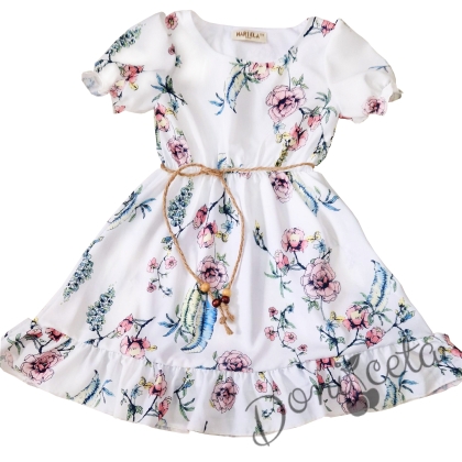 Официална детска рокля в бяло с къс ръкав на цветя с коланче 3447458 1