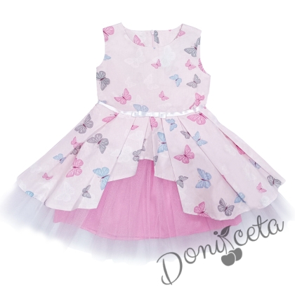 Официална детска рокля Надежда с тюл в розово с  пеперудки 93547784 1