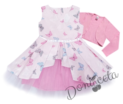 Комплект от официална детска рокля с пеперуди Надежда с тюл и болеро в розово 1