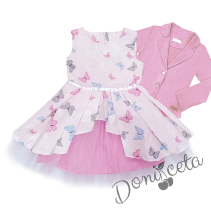 Комплект от официална детска рокля Надежда с пеперуди с тюл и сако в розово 1