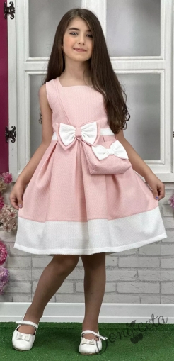 Официална или ежедневна детска рокля  в розово с панделка в розово и чантичка в бяло с розова панделка 6