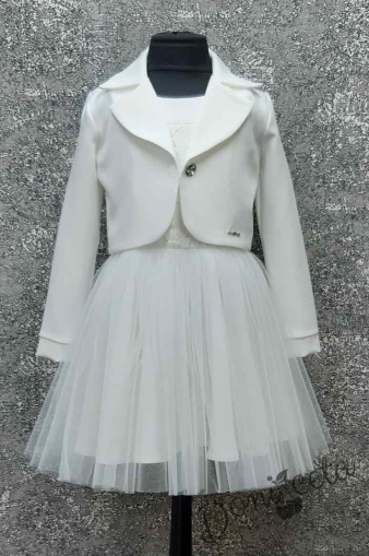 Официален детски комплект - рокля Ренета с 3D дантела и тюл в екрю без ръкав и късо сако 99773333 1
