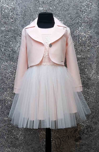 Официален детски комплект - рокля Ренета с 3D дантела и тюл в бледо розово без ръкав и късо сако 9985522 1