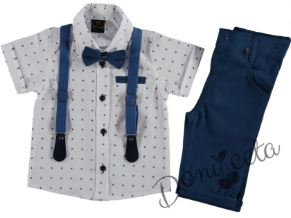 Детски комплект от панталон в светлосиньо, риза в бяло с орнаменти, тиранти и папийонка в светлосиньо 35122669 1