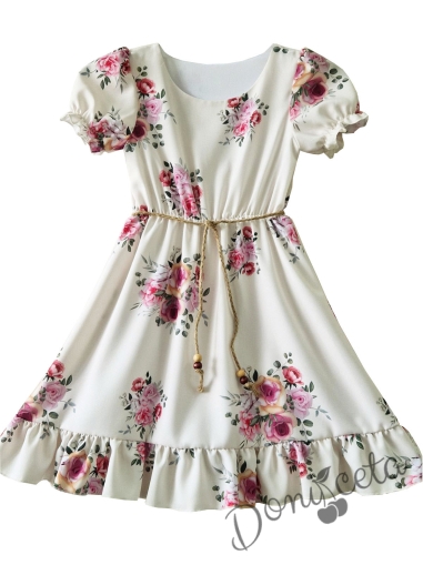 Официална детска рокля в екрю с къс ръкав на цветя с коланче 3447755 1