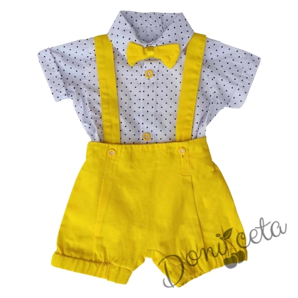 Бебешки комплект от боди-риза в бяло с орнаменти, гащеризон и папийонка в жълто 1