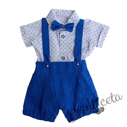 Бебешки комплект от боди-риза в бяло с орнаменти, гащеризон и папийонка в синьо 1
