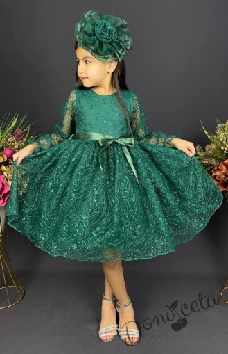Официална детска рокля с ръкав 7/8 Сабрина - от тюл и дантела с блясък и фиба за коса в тъмнозелено 1