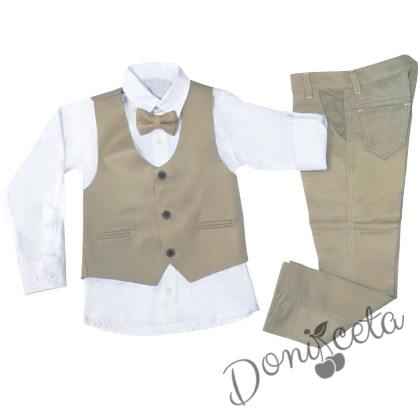 Официален костюм за момче от елек в светлобежово, риза в бяло, панталон и папийонка в светло бежово 4566857 1