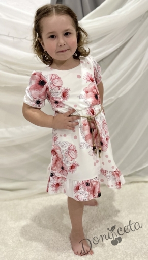 Официална детска рокля в екрю с къс ръкав на цветя с коланче 38874511 1