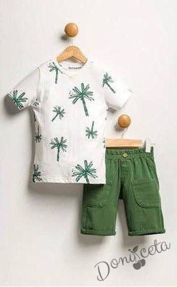 Летен комплект от ризка със къс ръкав в бяло с палми и къси панталонки в тъмнозелено с палми 8812543 1
